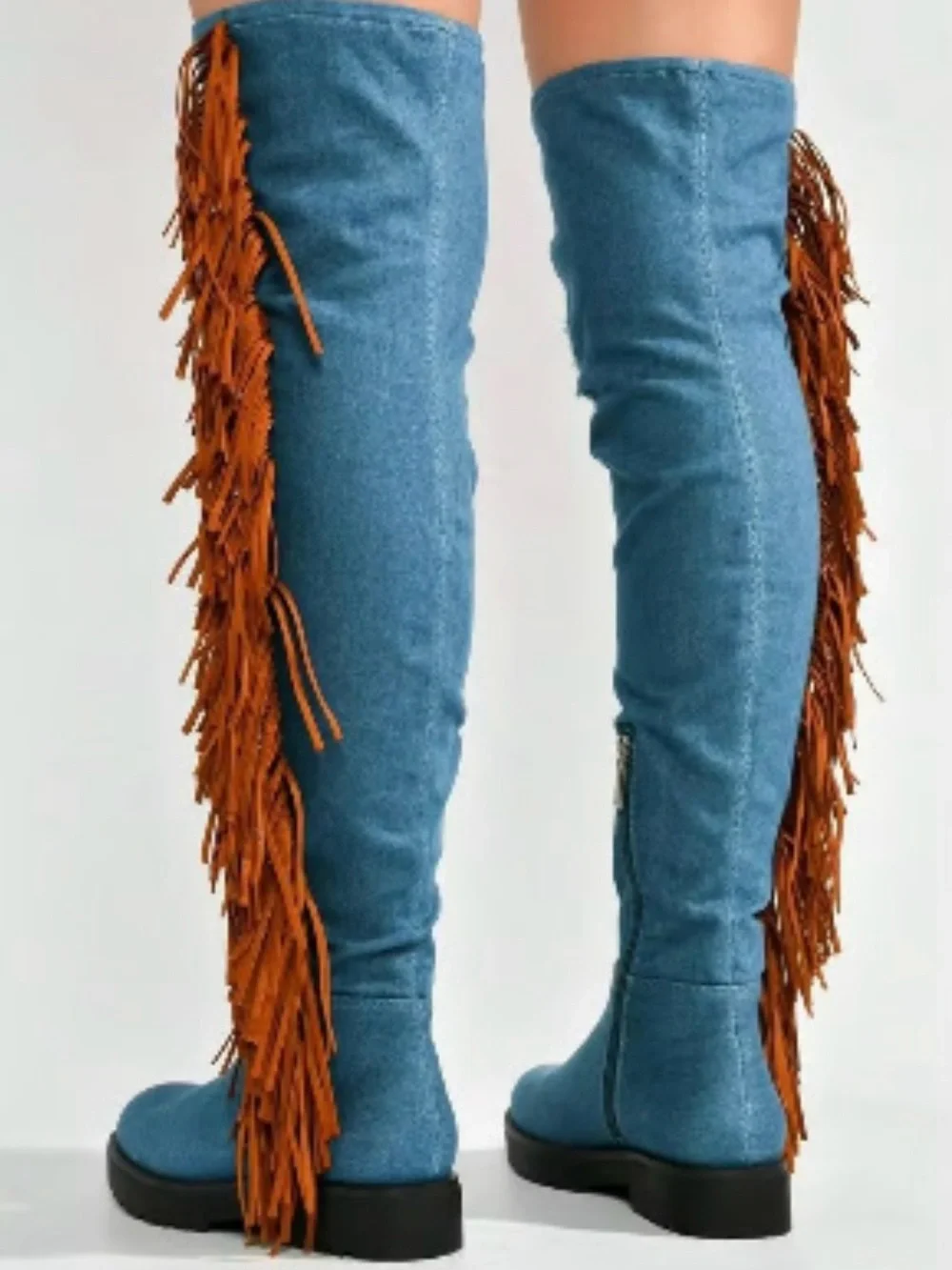 NEW Cape Robbin Distressed Denim Fringe Over The Knee Western Lug Sole Boots
